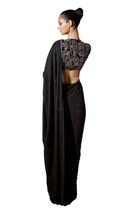 Shop Itrh Black Net Crystals High Neck Aziza Embellished Pre-stitched Saree With Blouse Online at Aza Fashions Shop_Itrh_Black Net Crystals High Neck Aziza Embellished Pre-stitched Saree With Blouse _Online_at_Aza_Fashions