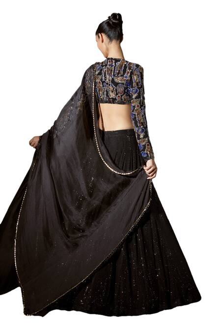 Itrh_Black Net, Silk Organza Crystals, Figurine Flow Embellished Blouse Lehenga Set_Online_at_Aza_Fashions