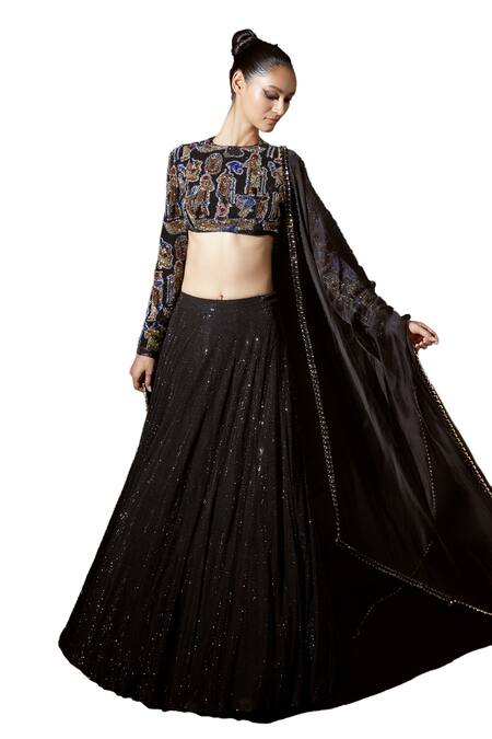 Buy_Itrh_Black Net, Silk Organza Crystals, Figurine Flow Embellished Blouse Lehenga Set_Online_at_Aza_Fashions
