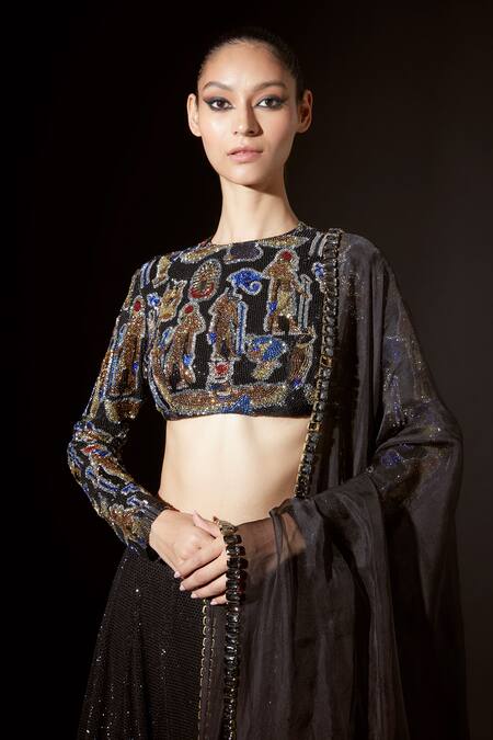 Shop_Itrh_Black Net, Silk Organza Crystals, Figurine Flow Embellished Blouse Lehenga Set_Online_at_Aza_Fashions