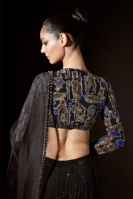 Itrh_Black Net, Silk Organza Crystals, Figurine Flow Embellished Blouse Lehenga Set_at_Aza_Fashions