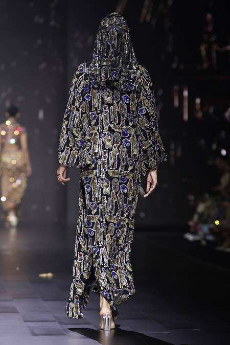 Shop_Itrh_Black Net Embellished Crystal Round Nile Essence Kaftan With Cap _at_Aza_Fashions