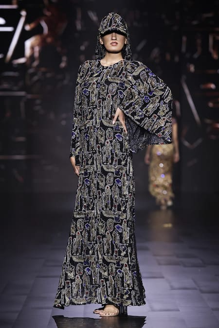 Itrh_Black Net Embellished Crystal Round Nile Essence Kaftan With Cap _Online_at_Aza_Fashions