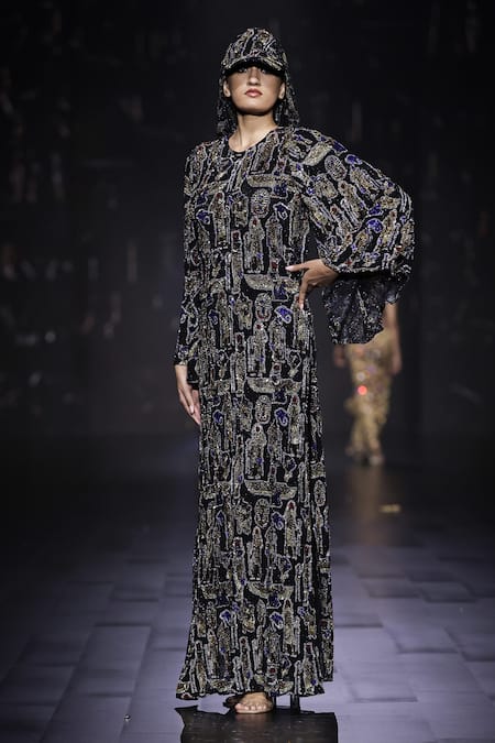 Buy_Itrh_Black Net Embellished Crystal Round Nile Essence Kaftan With Cap _Online_at_Aza_Fashions