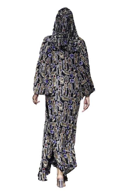 Shop_Itrh_Black Net Embellished Crystal Round Nile Essence Kaftan With Cap _Online_at_Aza_Fashions