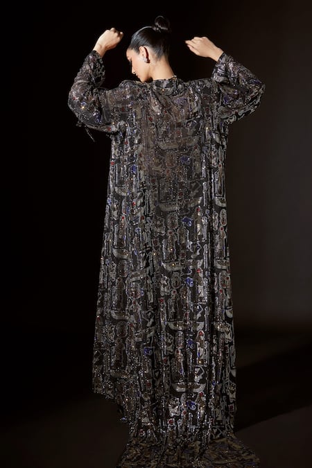 Shop Itrh Black Net Embellished Crystal Coat Collar Ankh Elegance Trench Pant Set at Aza Fashions Shop_Itrh_Black Net Embellished Crystal Coat Collar Ankh Elegance Trench Pant Set_at_Aza_Fashions