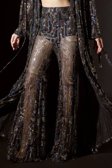 Buy Itrh Black Net Embellished Crystal Coat Collar Ankh Elegance Trench Pant Set Online at Aza Fashions Buy_Itrh_Black Net Embellished Crystal Coat Collar Ankh Elegance Trench Pant Set_Online_at_Aza_Fashions