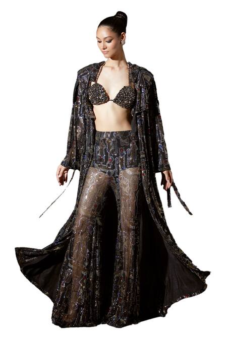 Shop Itrh Black Net Embellished Crystal Coat Collar Ankh Elegance Trench Pant Set Online at Aza Fashions Shop_Itrh_Black Net Embellished Crystal Coat Collar Ankh Elegance Trench Pant Set_Online_at_Aza_Fashions