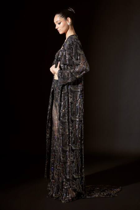 Itrh Black Net Embellished Crystal Coat Collar Ankh Elegance Trench Pant Set at Aza Fashions Itrh_Black Net Embellished Crystal Coat Collar Ankh Elegance Trench Pant Set_at_Aza_Fashions