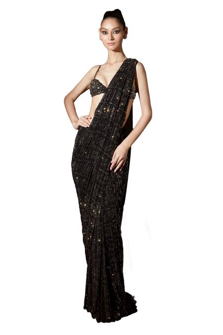 Itrh_Black Net Hieroglyphic Whimsy Embellished Pre-stitched Saree With Blouse _Online_at_Aza_Fashions