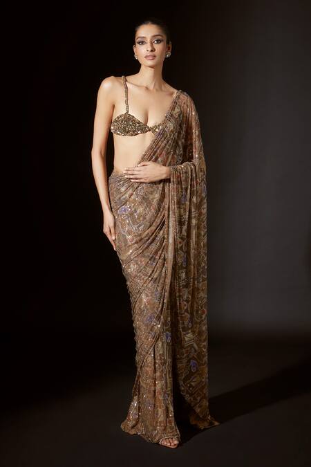 Shop Itrh Gold Net Crystals, Ancient Glyphs Embellished Pre-stitched Saree With Blouse Online at Aza Fashions Shop_Itrh_Gold Net Crystals, Ancient Glyphs Embellished Pre-stitched Saree With Blouse _Online_at_Aza_Fashions