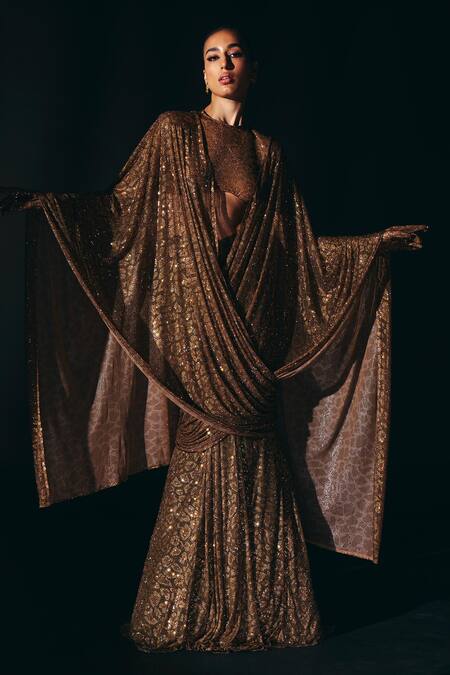 Itrh Brown Net Crystals High Jungle Queen Leopard Print Lehenga Saree With Blouse Online at Aza Fashions Itrh_Brown Net Crystals High Jungle Queen Leopard Print Lehenga Saree With Blouse_Online_at_Aza_Fashions
