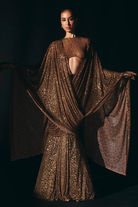 Shop Itrh Brown Net Crystals High Jungle Queen Leopard Print Lehenga Saree With Blouse Online at Aza Fashions Shop_Itrh_Brown Net Crystals High Jungle Queen Leopard Print Lehenga Saree With Blouse_Online_at_Aza_Fashions