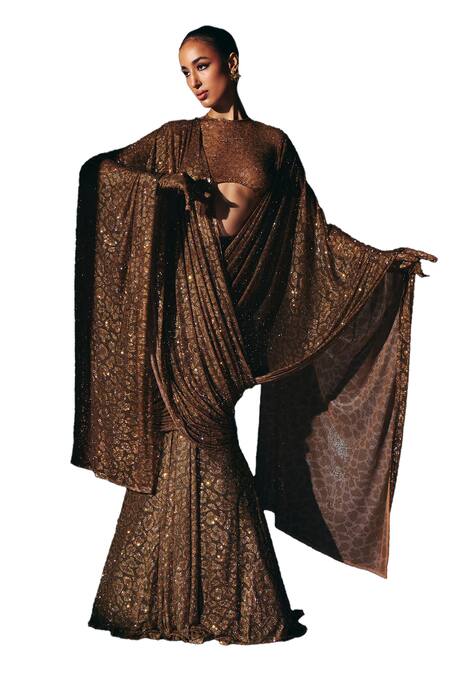 Buy Itrh Brown Net Crystals High Jungle Queen Leopard Print Lehenga Saree With Blouse Buy_Itrh_Brown Net Crystals High Jungle Queen Leopard Print Lehenga Saree With Blouse