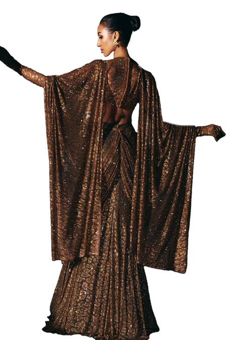 Shop Itrh Brown Net Crystals High Jungle Queen Leopard Print Lehenga Saree With Blouse Shop_Itrh_Brown Net Crystals High Jungle Queen Leopard Print Lehenga Saree With Blouse