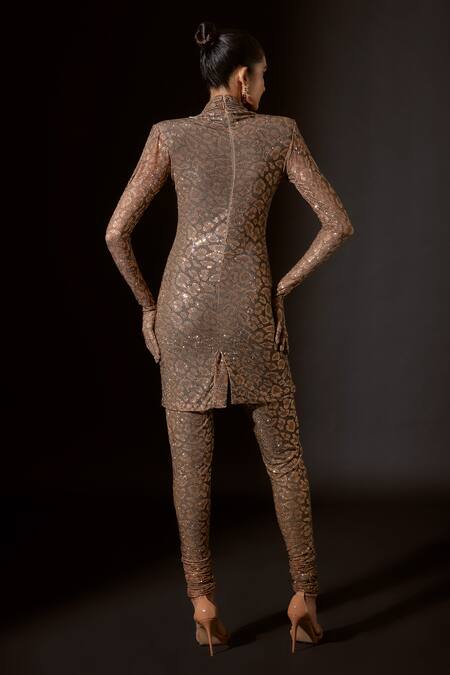 Shop_Itrh_Brown Net Crystals Turtle Neck Leopard Luxe Print Kurta Churidar Set_at_Aza_Fashions