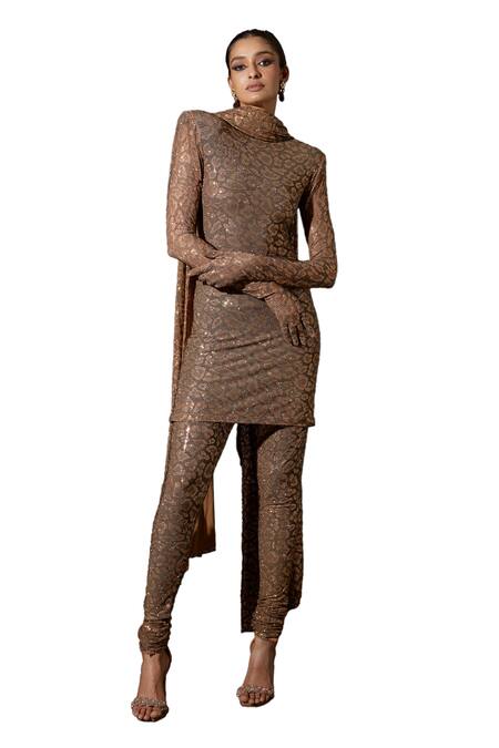 Buy_Itrh_Brown Net Crystals Turtle Neck Leopard Luxe Print Kurta Churidar Set_Online_at_Aza_Fashions