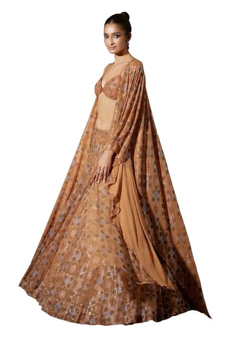 Itrh_Peach Net Crystals, Mirrors Sweetheart Neck Mosaic Melody Print Cape Lehenga Set_Online_at_Aza_Fashions