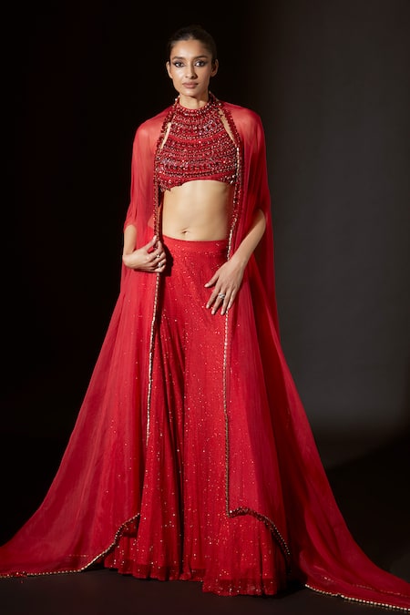 Itrh Vibrant Jewel Crystal Embellished Cape Sharara Set 