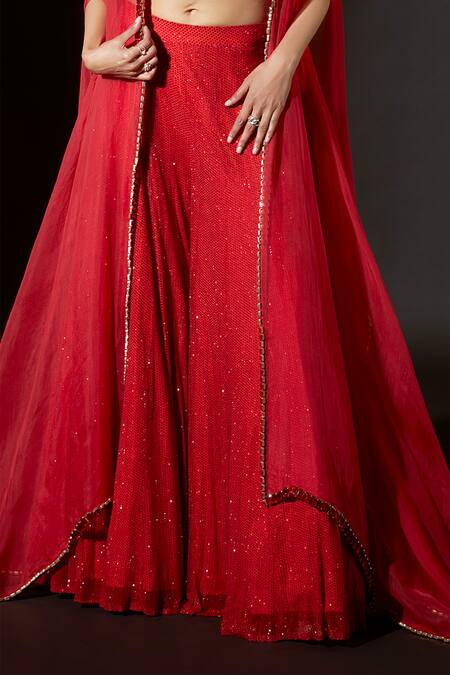 Itrh Red Net, Silk Organza Crystals, Vibrant Jewel Embellished Cape Sharara Set Online at Aza Fashions Itrh_Red Net, Silk Organza Crystals, Vibrant Jewel Embellished Cape Sharara Set_Online_at_Aza_Fashions
