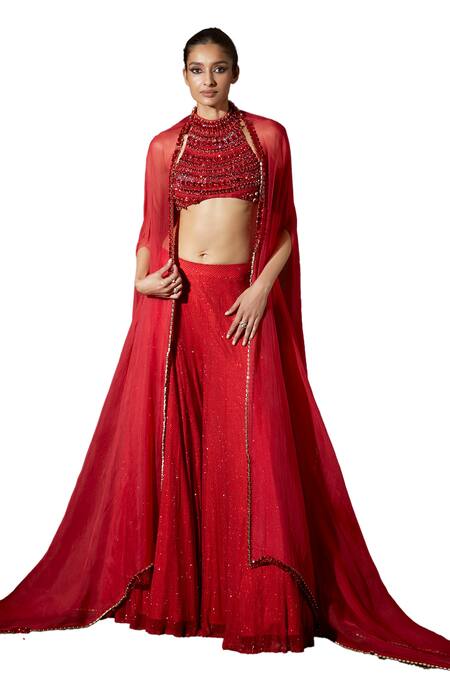 Buy Itrh Red Net, Silk Organza Crystals, Vibrant Jewel Embellished Cape Sharara Set Online at Aza Fashions Buy_Itrh_Red Net, Silk Organza Crystals, Vibrant Jewel Embellished Cape Sharara Set_Online_at_Aza_Fashions