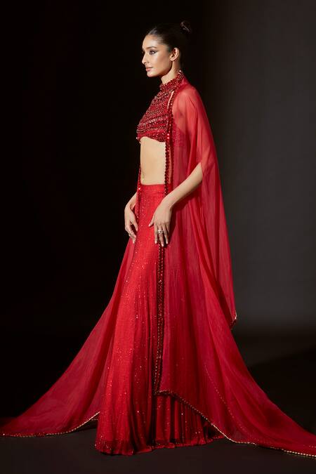 Shop Itrh Red Net, Silk Organza Crystals, Vibrant Jewel Embellished Cape Sharara Set Online at Aza Fashions Shop_Itrh_Red Net, Silk Organza Crystals, Vibrant Jewel Embellished Cape Sharara Set_Online_at_Aza_Fashions