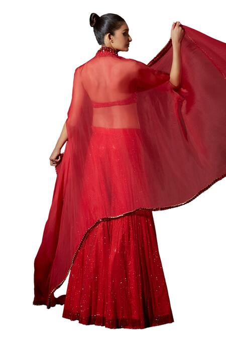 Buy Itrh Red Net, Silk Organza Crystals, Vibrant Jewel Embellished Cape Sharara Set Buy_Itrh_Red Net, Silk Organza Crystals, Vibrant Jewel Embellished Cape Sharara Set