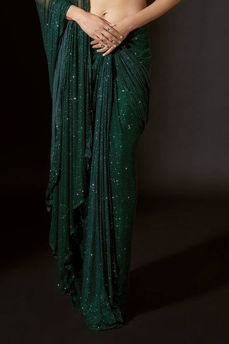 Buy Itrh Emerald Green Net Crystals, Nour Embellished Pre-stitched Saree With Blouse Online at Aza Fashions Buy_Itrh_Emerald Green Net Crystals, Nour Embellished Pre-stitched Saree With Blouse _Online_at_Aza_Fashions