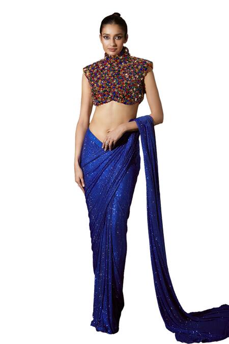 Buy_Itrh_Blue Net Crystals, Stones Osiris Embellished Pre-stitched Saree With Blouse _Online_at_Aza_Fashions