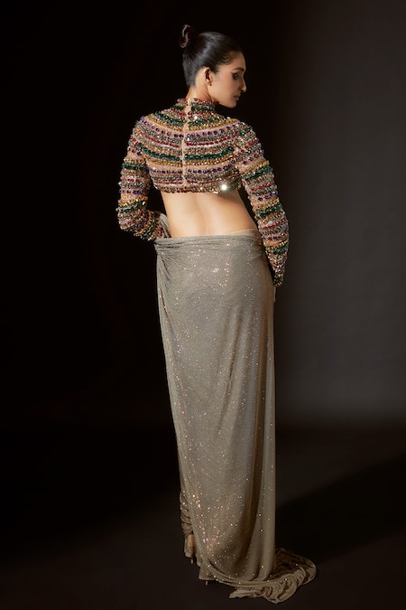 Shop Itrh Gold Net Crystals, Stones Amun-ra Embellished Pre-stitched Saree With Blouse at Aza Fashions Shop_Itrh_Gold Net Crystals, Stones Amun-ra Embellished Pre-stitched Saree With Blouse _at_Aza_Fashions