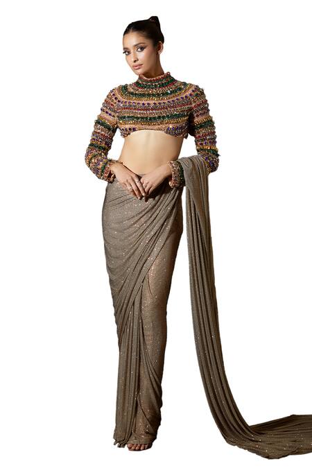 Itrh Gold Net Crystals, Stones Amun-ra Embellished Pre-stitched Saree With Blouse Online at Aza Fashions Itrh_Gold Net Crystals, Stones Amun-ra Embellished Pre-stitched Saree With Blouse _Online_at_Aza_Fashions