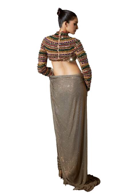 Buy Itrh Gold Net Crystals, Stones Amun-ra Embellished Pre-stitched Saree With Blouse Online at Aza Fashions Buy_Itrh_Gold Net Crystals, Stones Amun-ra Embellished Pre-stitched Saree With Blouse _Online_at_Aza_Fashions