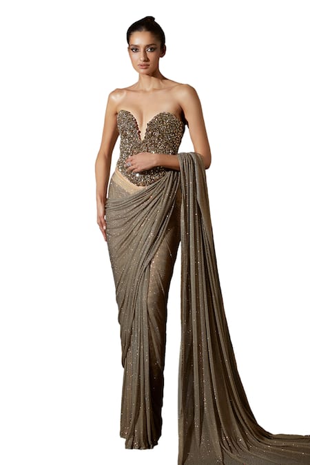 Itrh Gold Net Crystals, Stones Scarab Embellished Pre-stitched Saree With Corset Online at Aza Fashions Itrh_Gold Net Crystals, Stones Scarab Embellished Pre-stitched Saree With Corset _Online_at_Aza_Fashions