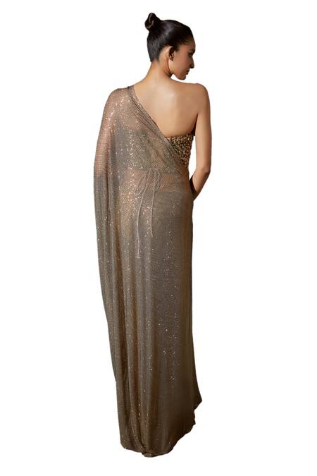 Shop Itrh Gold Net Crystals, Stones Scarab Embellished Pre-stitched Saree With Corset Online at Aza Fashions Shop_Itrh_Gold Net Crystals, Stones Scarab Embellished Pre-stitched Saree With Corset _Online_at_Aza_Fashions