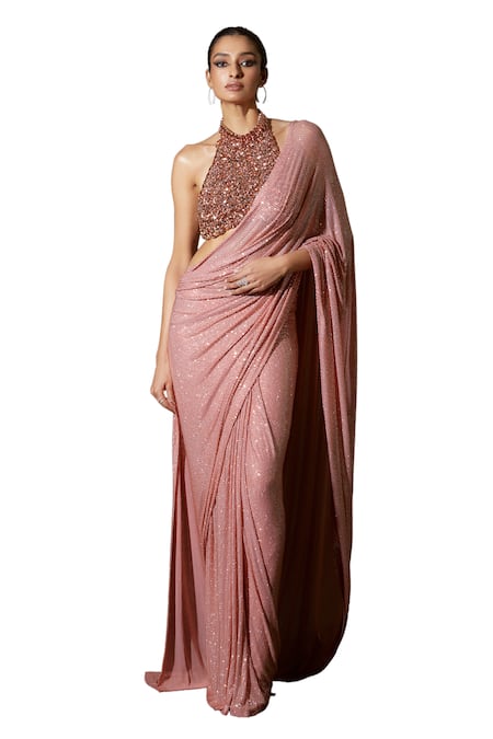 Itrh_Peach Net Crystals, Scarab Serenity Embellished Pre-stitched Saree With Blouse _Online_at_Aza_Fashions