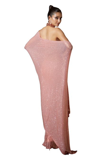 Shop_Itrh_Peach Net Crystals, Scarab Serenity Embellished Pre-stitched Saree With Blouse _Online_at_Aza_Fashions