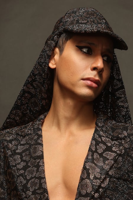 Itrh Boxy Chic Crystal Embellished Cap With Attached Scarf 