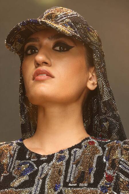 Itrh_Black Crystals Nile Essence Embellished Cap With Attached Scarf _Online_at_Aza_Fashions