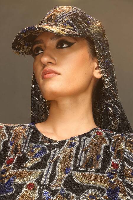 Buy_Itrh_Black Crystals Nile Essence Embellished Cap With Attached Scarf _Online_at_Aza_Fashions
