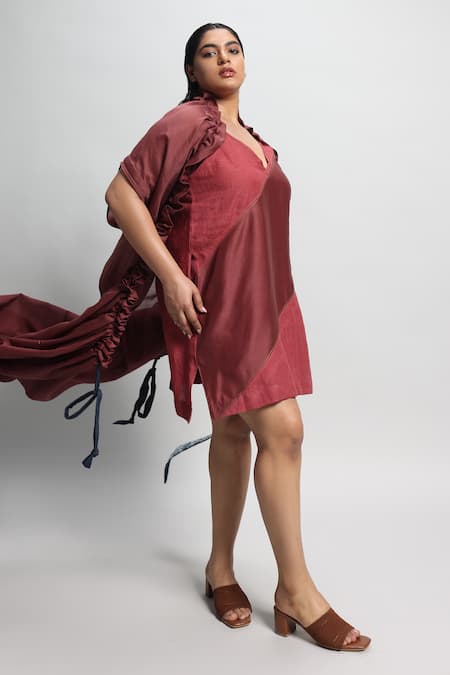 Diksha Khanna_Maroon Chanderi Ruffled Border Cape _Online_at_Aza_Fashions