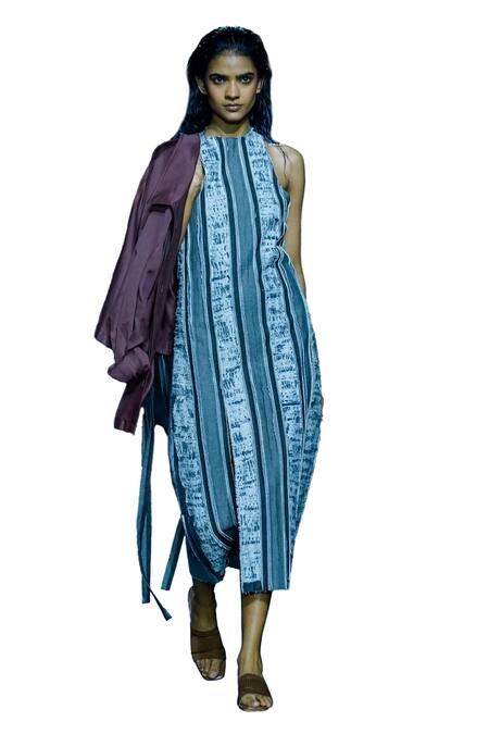 Diksha Khanna_Grey Denim Patchwork Round Neck Distress Pattern Dress _Online_at_Aza_Fashions