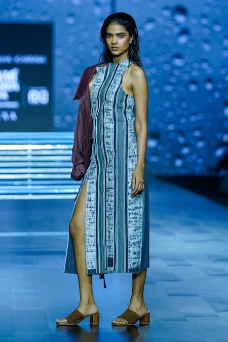 Buy_Diksha Khanna_Grey Denim Patchwork Round Neck Distress Pattern Dress _Online_at_Aza_Fashions