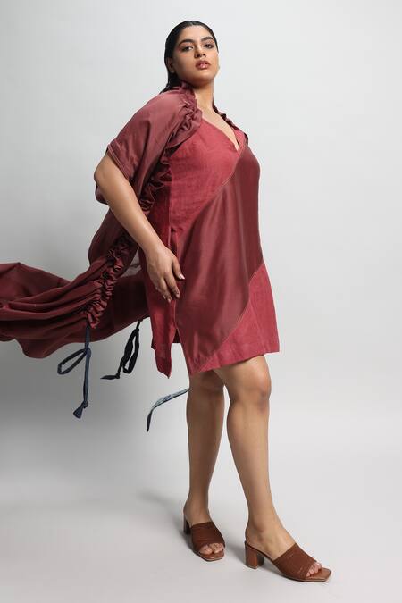 Diksha Khanna_Maroon Chanderi, Linen V-neck Panelled Dress _Online_at_Aza_Fashions