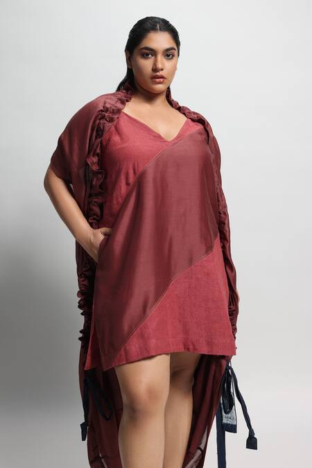 Buy_Diksha Khanna_Maroon Chanderi, Linen V-neck Panelled Dress _Online_at_Aza_Fashions