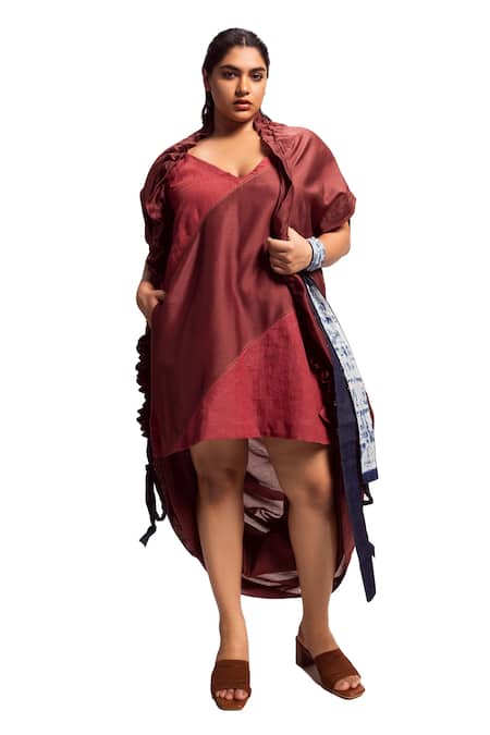 Shop_Diksha Khanna_Maroon Chanderi, Linen V-neck Panelled Dress _Online_at_Aza_Fashions
