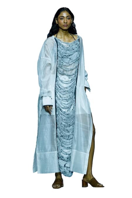 Diksha Khanna_White Chanderi, Denim Round Neck Distress Panel Dress With Shorts _Online_at_Aza_Fashions