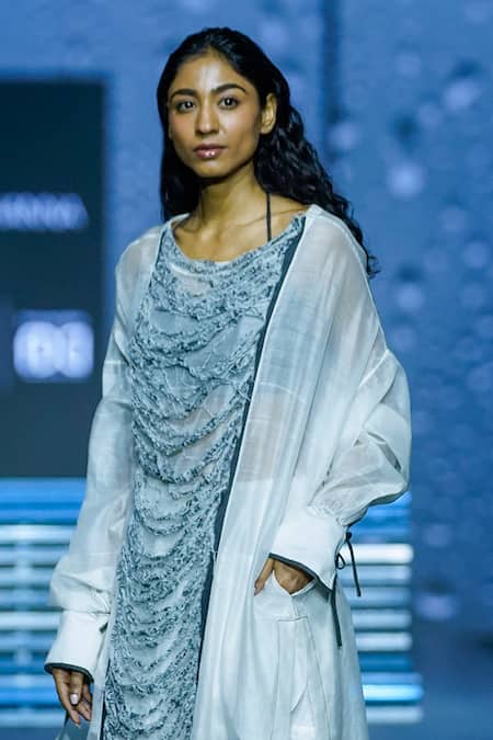 Buy_Diksha Khanna_White Chanderi, Denim Round Neck Distress Panel Dress With Shorts _Online_at_Aza_Fashions