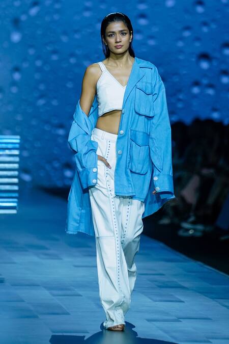 Diksha Khanna_White Denim Embroidery Panel Pant _Online_at_Aza_Fashions