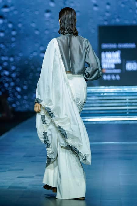 Diksha Khanna Ivory Pre-Draped Pant Saree & Cropped Shirt 