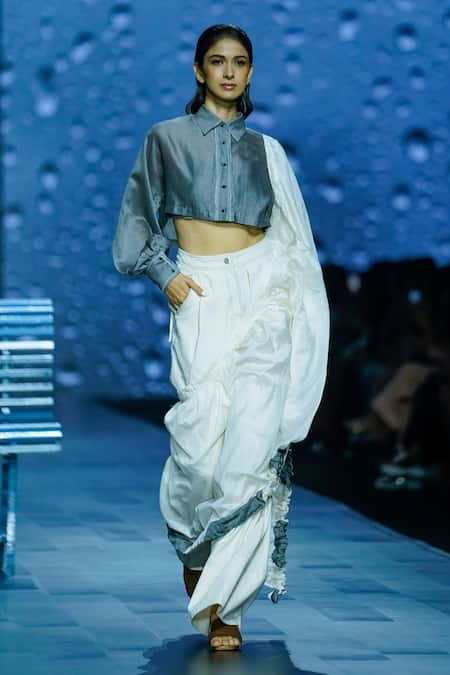 Diksha Khanna_Ivory Chanderi, Denim Collared Pre-draped Pant Saree And Cropped Shirt _Online_at_Aza_Fashions